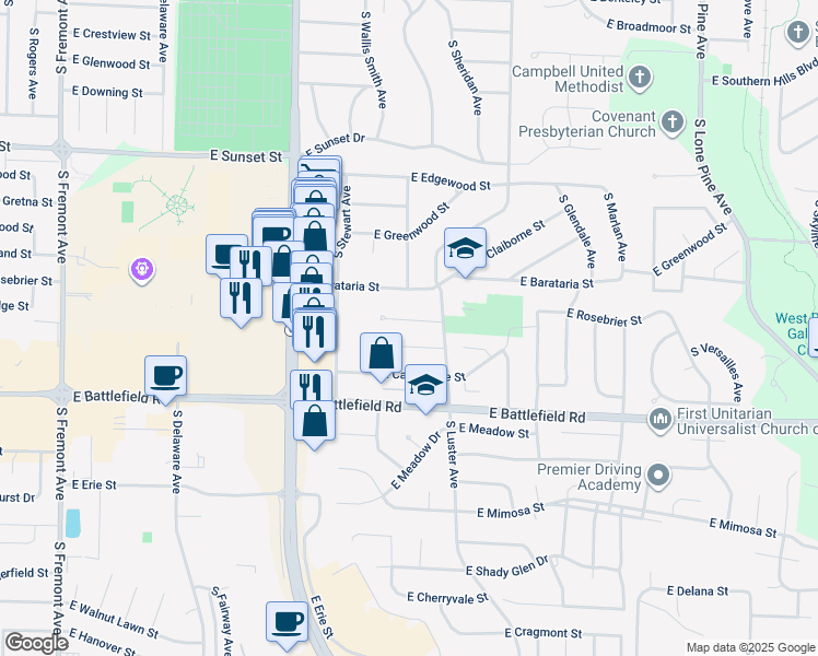 map of restaurants, bars, coffee shops, grocery stores, and more near 2002 East Rosebrier Street in Springfield