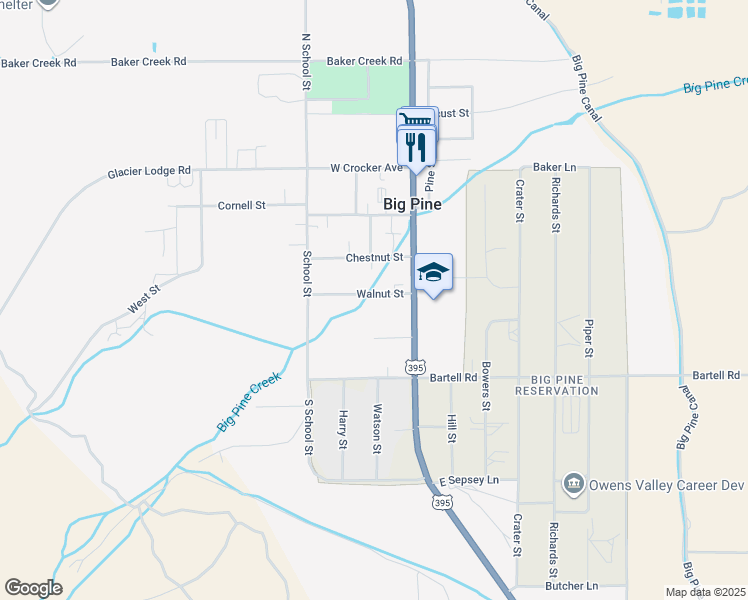map of restaurants, bars, coffee shops, grocery stores, and more near 180 Walnut Street in Big Pine