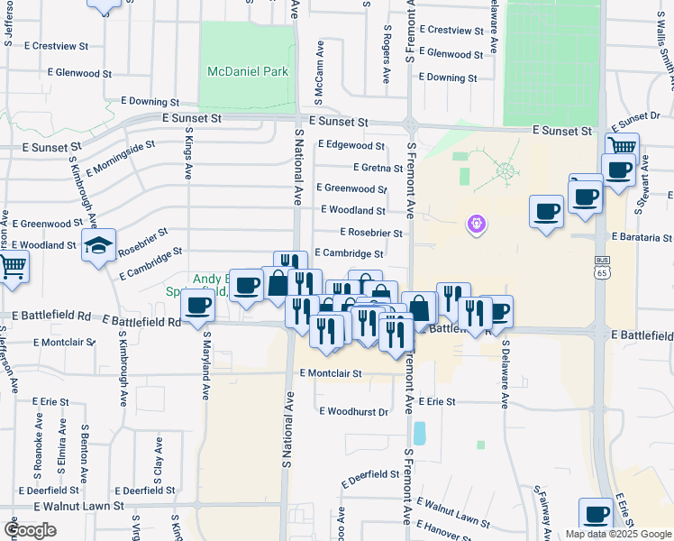 map of restaurants, bars, coffee shops, grocery stores, and more near 1270 East Guinevere Street in Springfield