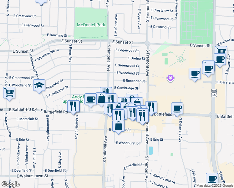 map of restaurants, bars, coffee shops, grocery stores, and more near 1242 East Guinevere Street in Springfield