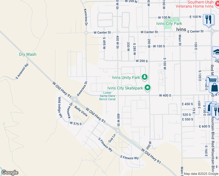 map of restaurants, bars, coffee shops, grocery stores, and more near 357 Rock Daisy Lane in Ivins