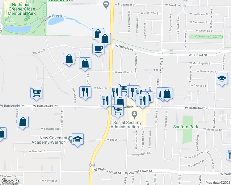map of restaurants, bars, coffee shops, grocery stores, and more near 2862 South Meadowbrook Avenue in Springfield