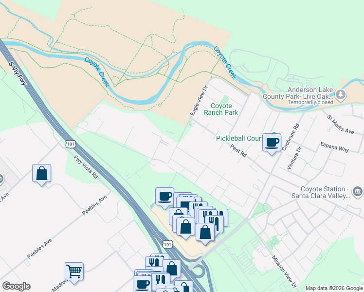 map of restaurants, bars, coffee shops, grocery stores, and more near 19201 Eagle View Drive in Morgan Hill