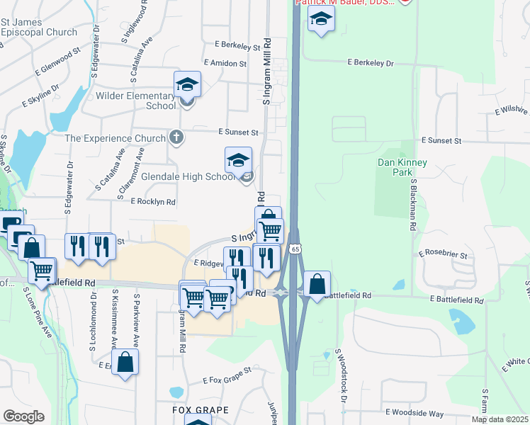 map of restaurants, bars, coffee shops, grocery stores, and more near 3404 East Lomita Street in Springfield
