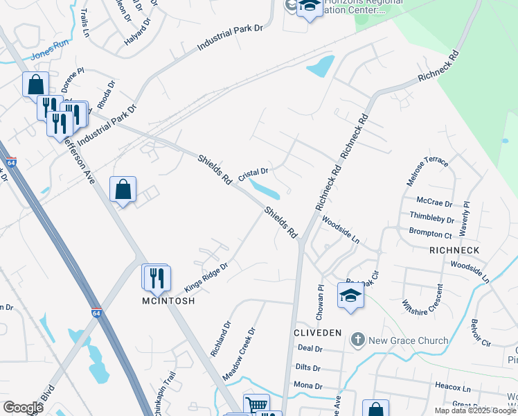 map of restaurants, bars, coffee shops, grocery stores, and more near 765 Kings Ridge Drive in Newport News