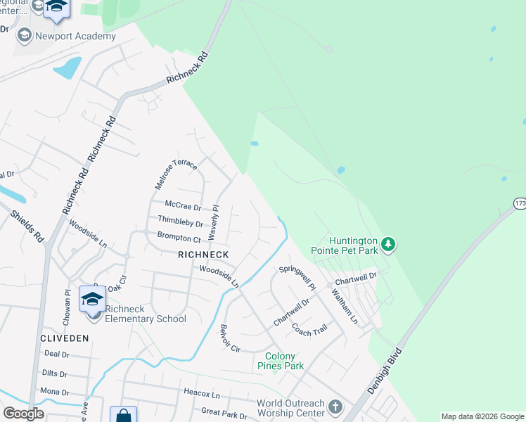 map of restaurants, bars, coffee shops, grocery stores, and more near 466 Warner Hall Place in Newport News