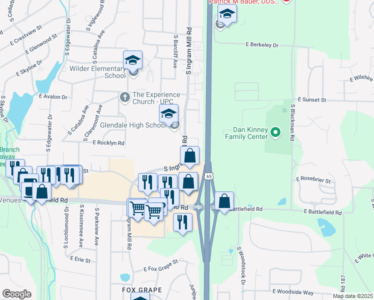 map of restaurants, bars, coffee shops, grocery stores, and more near 3404 East Lomita Street in Springfield