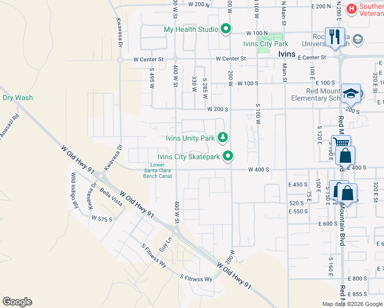 map of restaurants, bars, coffee shops, grocery stores, and more near 345 West 350 South in Ivins