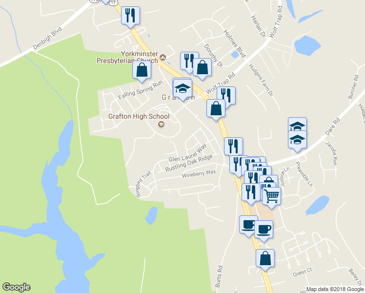 map of restaurants, bars, coffee shops, grocery stores, and more near 113 Wainwrights Bend in Yorktown