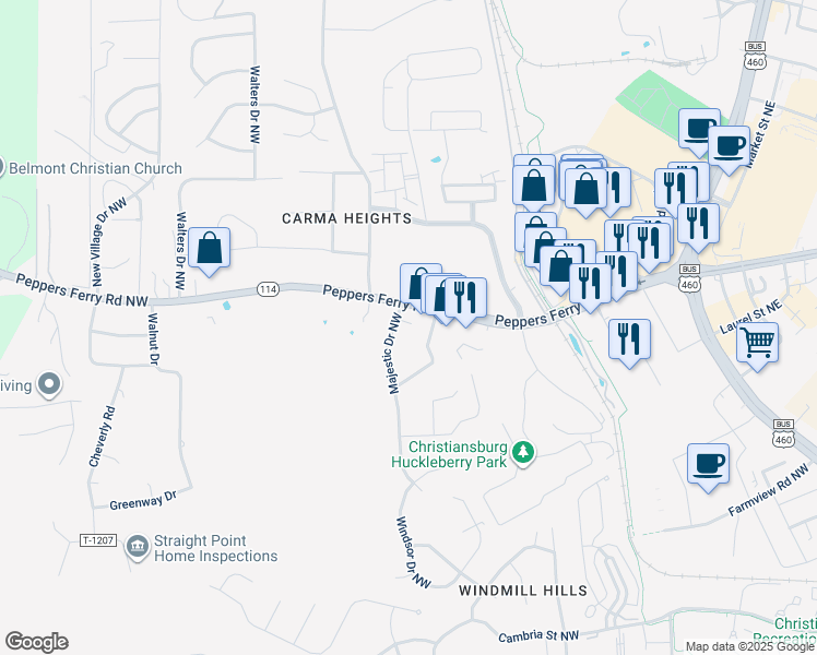 map of restaurants, bars, coffee shops, grocery stores, and more near 65 Majestic Drive Northwest in Christiansburg