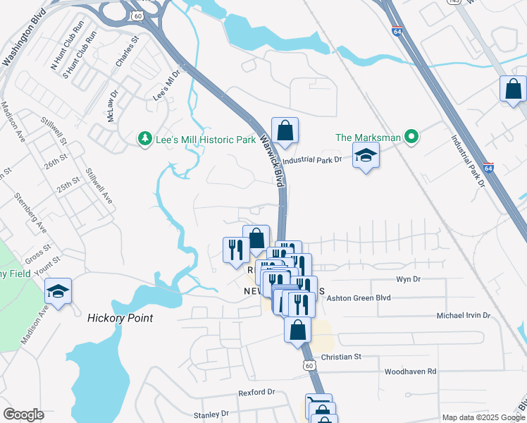 map of restaurants, bars, coffee shops, grocery stores, and more near 331 Judy Drive in Newport News