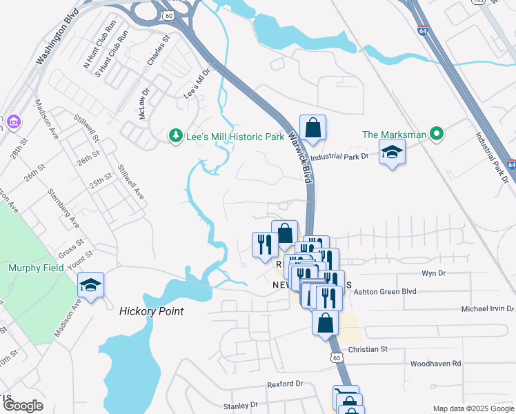 map of restaurants, bars, coffee shops, grocery stores, and more near 319 Judy Drive in Newport News