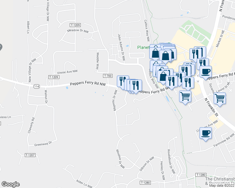 map of restaurants, bars, coffee shops, grocery stores, and more near 105 Majestic Drive Northwest in Christiansburg