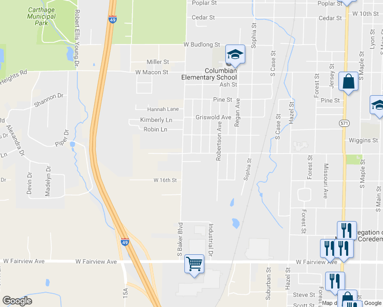 map of restaurants, bars, coffee shops, grocery stores, and more near 1222 West Centennial Avenue in Carthage