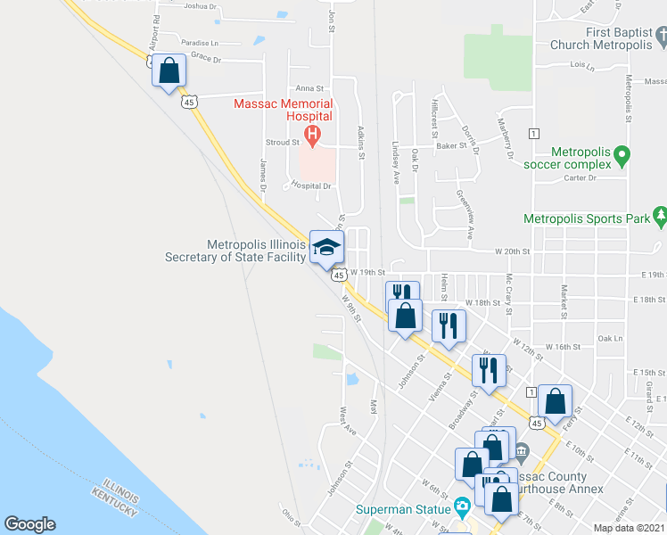map of restaurants, bars, coffee shops, grocery stores, and more near 1106 West 10th Street in Metropolis
