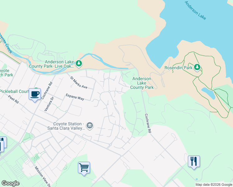 map of restaurants, bars, coffee shops, grocery stores, and more near 2255 Via Santa Elena in Morgan Hill