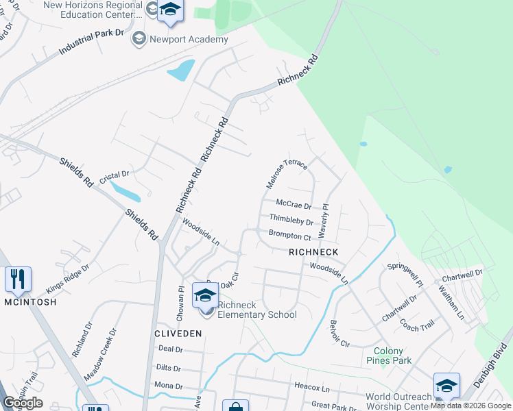 map of restaurants, bars, coffee shops, grocery stores, and more near 824 Melrose Terrace in Newport News