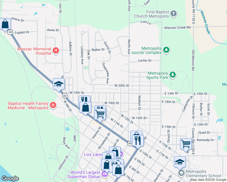 map of restaurants, bars, coffee shops, grocery stores, and more near 400-498 W 20th St in Metropolis