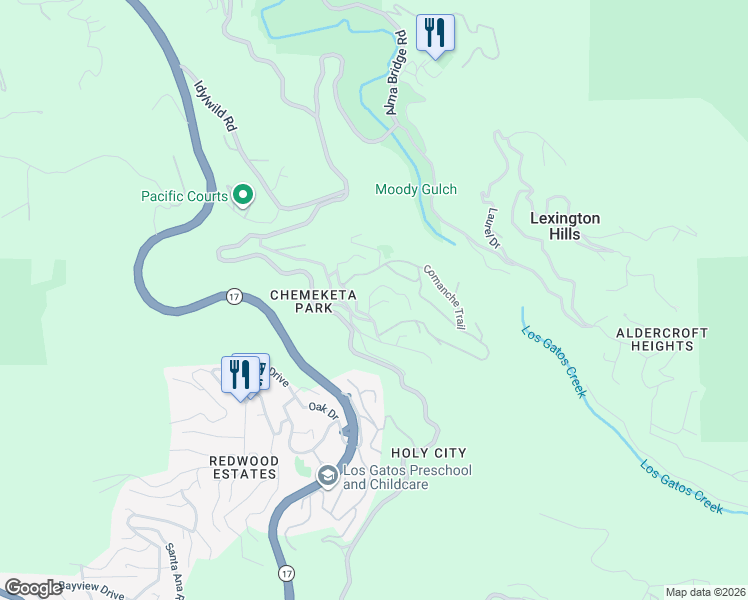 map of restaurants, bars, coffee shops, grocery stores, and more near 17765 Umatilla Trail in Los Gatos