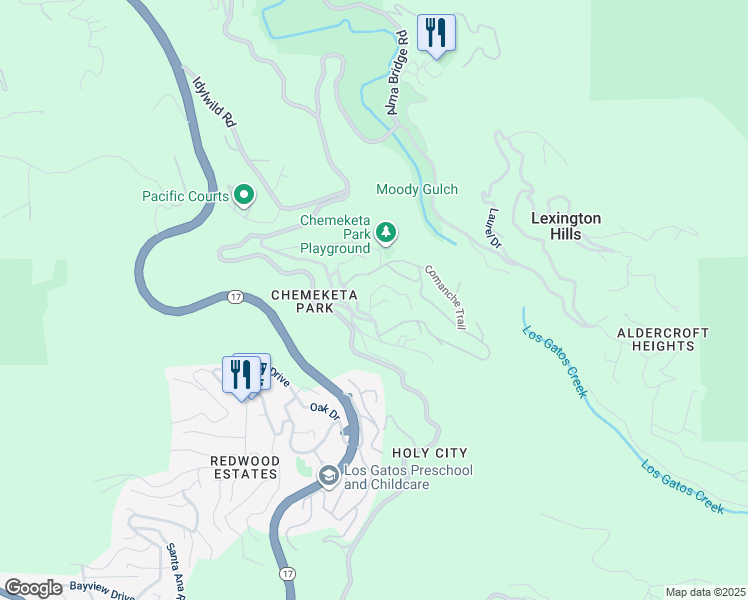 map of restaurants, bars, coffee shops, grocery stores, and more near 17765 Umatilla Trail in Los Gatos