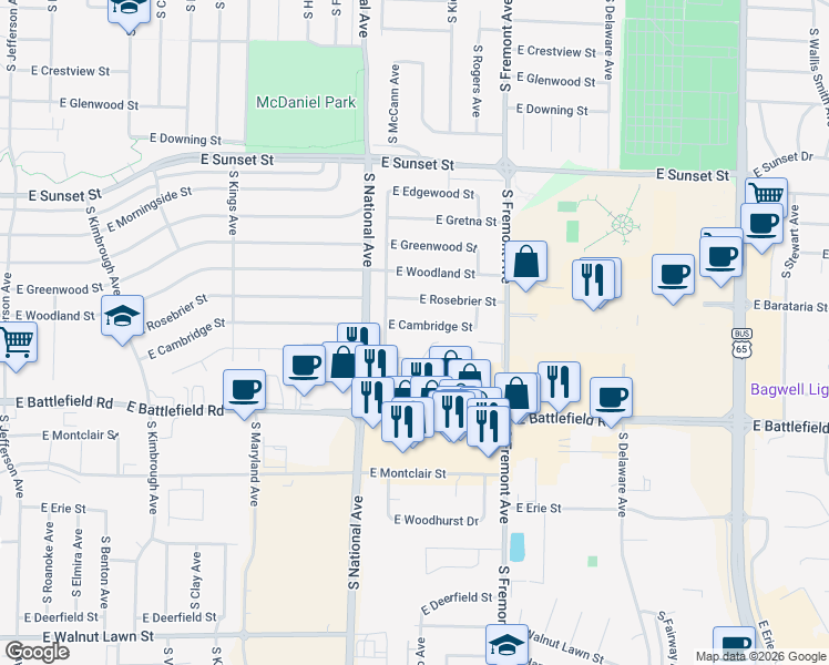 map of restaurants, bars, coffee shops, grocery stores, and more near 1253 East Cambridge Street in Springfield