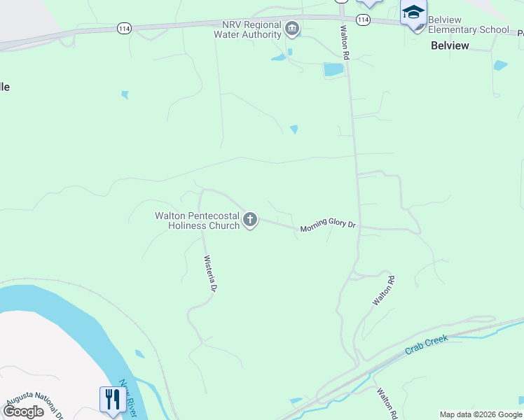 map of restaurants, bars, coffee shops, grocery stores, and more near 4020 Morning Glory Drive in Radford