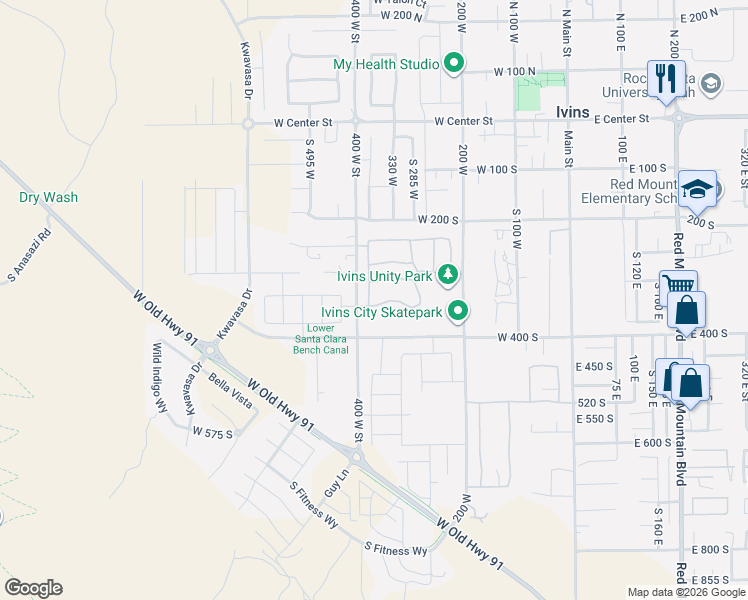 map of restaurants, bars, coffee shops, grocery stores, and more near 372 West 350 South in Ivins