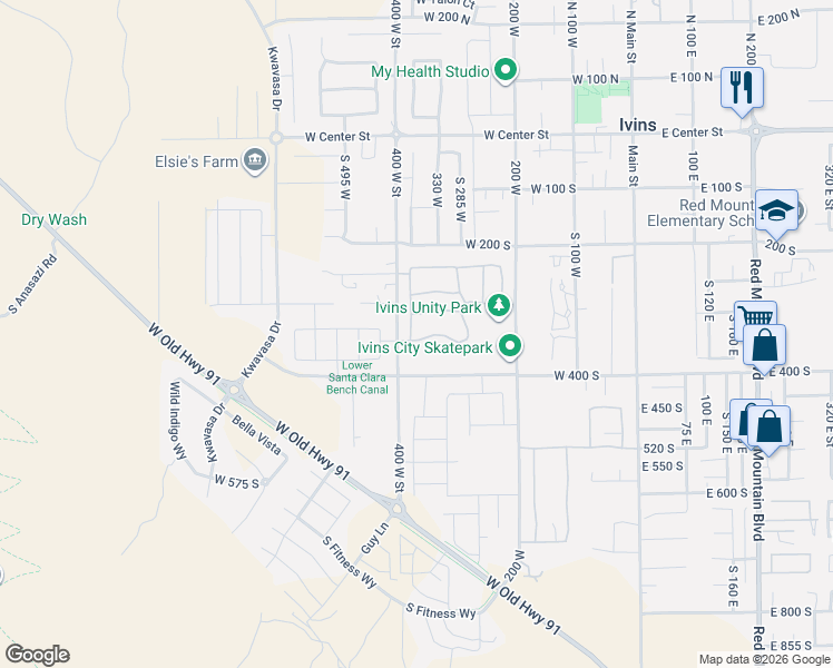 map of restaurants, bars, coffee shops, grocery stores, and more near 372 West 350 South in Ivins
