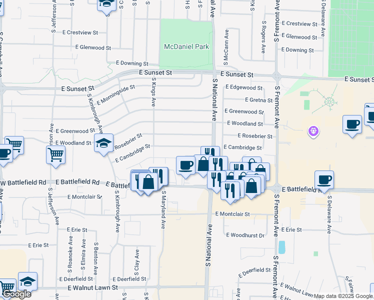 map of restaurants, bars, coffee shops, grocery stores, and more near 1125 East Cambridge Street in Springfield