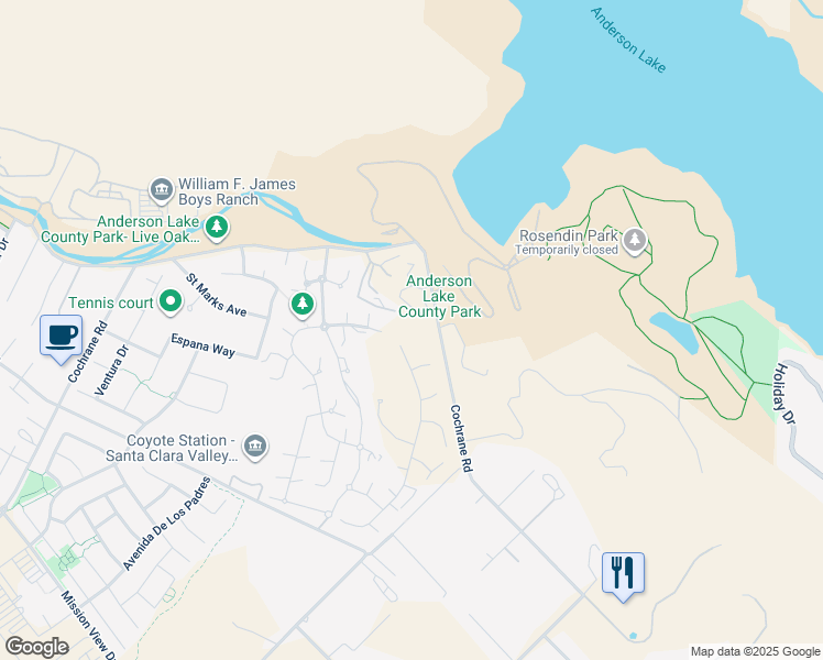 map of restaurants, bars, coffee shops, grocery stores, and more near 2155 Via Santa Elena in Morgan Hill