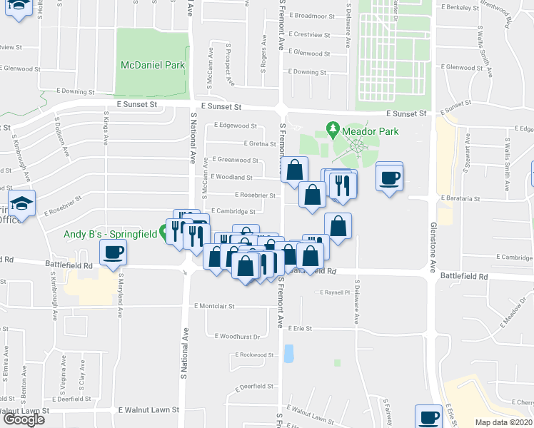 map of restaurants, bars, coffee shops, grocery stores, and more near 1325 East Cambridge Street in Springfield