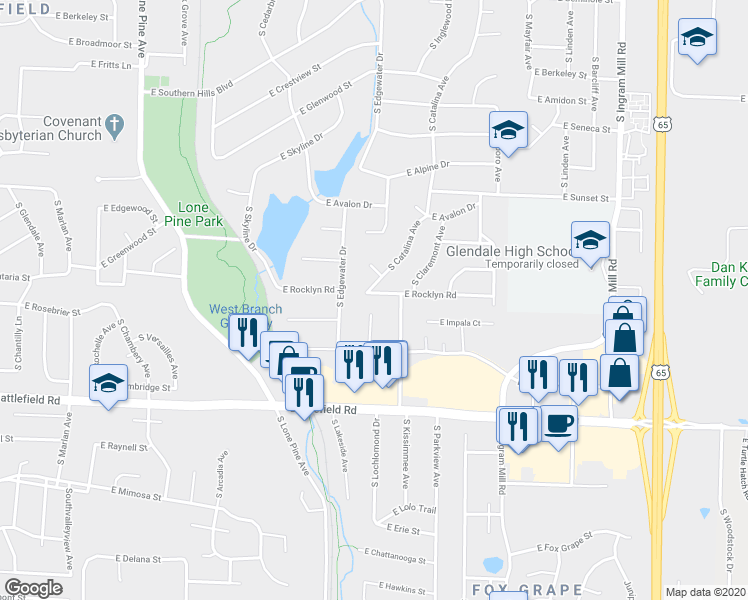 map of restaurants, bars, coffee shops, grocery stores, and more near 2920 East Rocklyn Road in Springfield