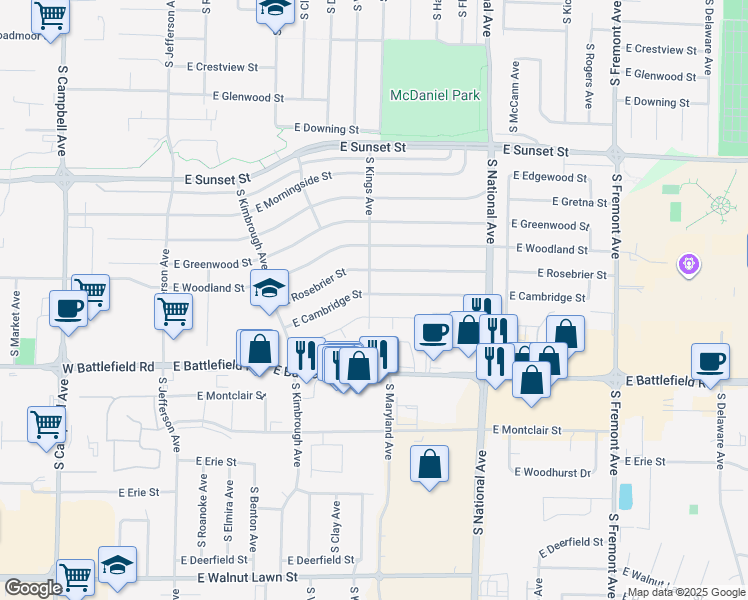 map of restaurants, bars, coffee shops, grocery stores, and more near 1004 East Cambridge Street in Springfield