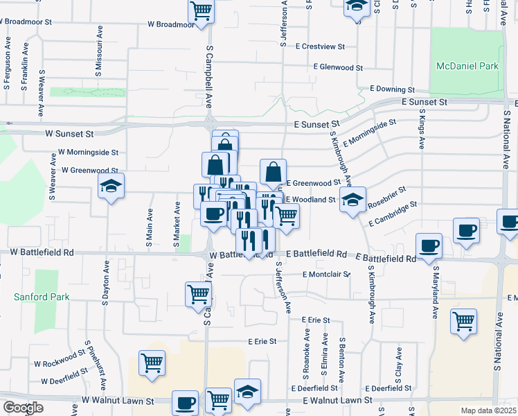 map of restaurants, bars, coffee shops, grocery stores, and more near 313 East Battlefield Road in Springfield