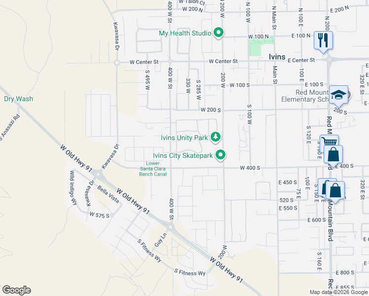 map of restaurants, bars, coffee shops, grocery stores, and more near 373 West 300 South in Ivins