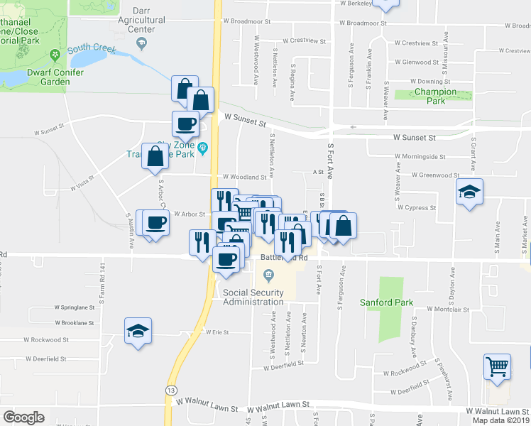 map of restaurants, bars, coffee shops, grocery stores, and more near 2861 South Nettleton Avenue in Springfield