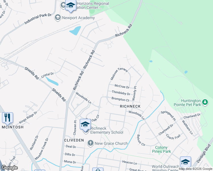 map of restaurants, bars, coffee shops, grocery stores, and more near 824 Melrose Terrace in Newport News