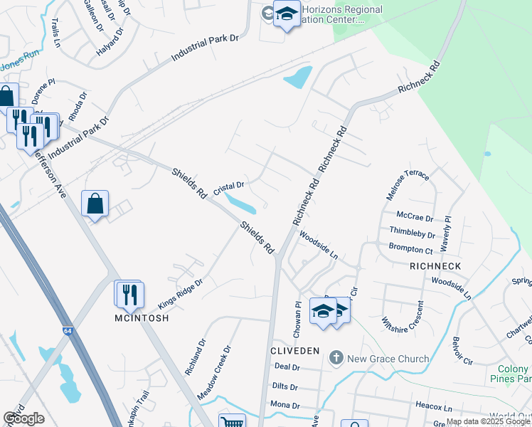 map of restaurants, bars, coffee shops, grocery stores, and more near 723 Emerald Court in Newport News