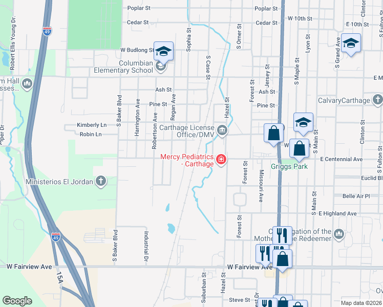 map of restaurants, bars, coffee shops, grocery stores, and more near 847 West Centennial Avenue in Carthage