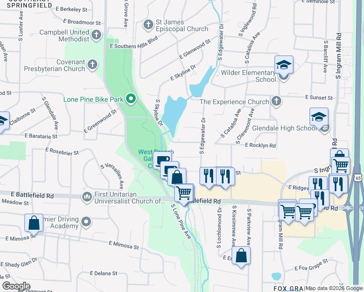 map of restaurants, bars, coffee shops, grocery stores, and more near 2806 East Rocklyn Road in Springfield