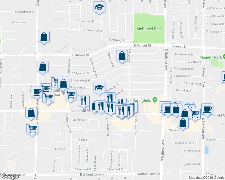 map of restaurants, bars, coffee shops, grocery stores, and more near 810 East Rosebrier Street in Springfield
