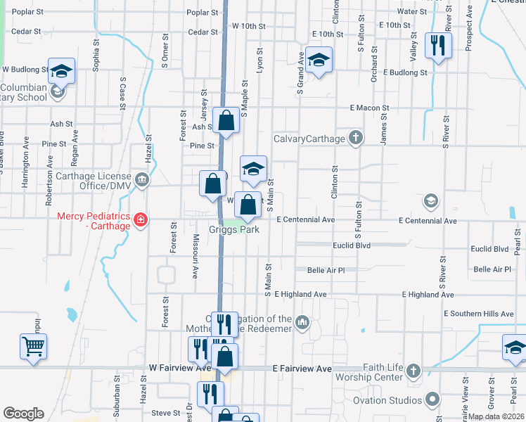 map of restaurants, bars, coffee shops, grocery stores, and more near 122 Wiggins Street in Carthage
