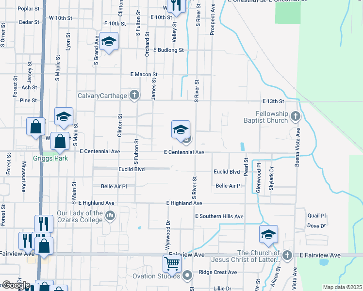 map of restaurants, bars, coffee shops, grocery stores, and more near 827 East Centennial Avenue in Carthage