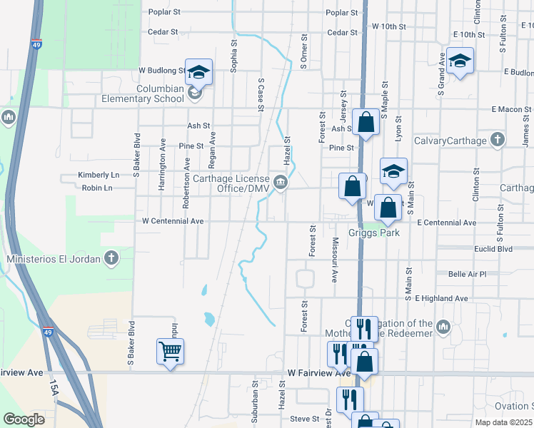 map of restaurants, bars, coffee shops, grocery stores, and more near 1511 South Case Street in Carthage