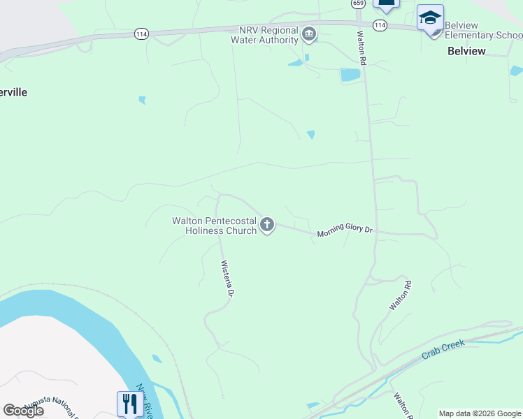 map of restaurants, bars, coffee shops, grocery stores, and more near 4020 Morning Glory Drive in Radford