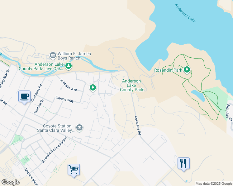 map of restaurants, bars, coffee shops, grocery stores, and more near 2205 Via Santa Elena in Morgan Hill