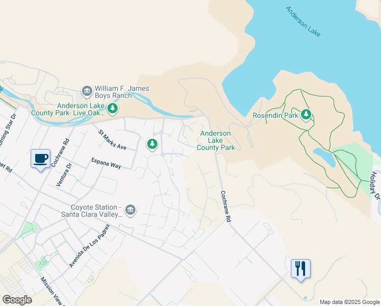 map of restaurants, bars, coffee shops, grocery stores, and more near 2205 Via Santa Elena in Morgan Hill