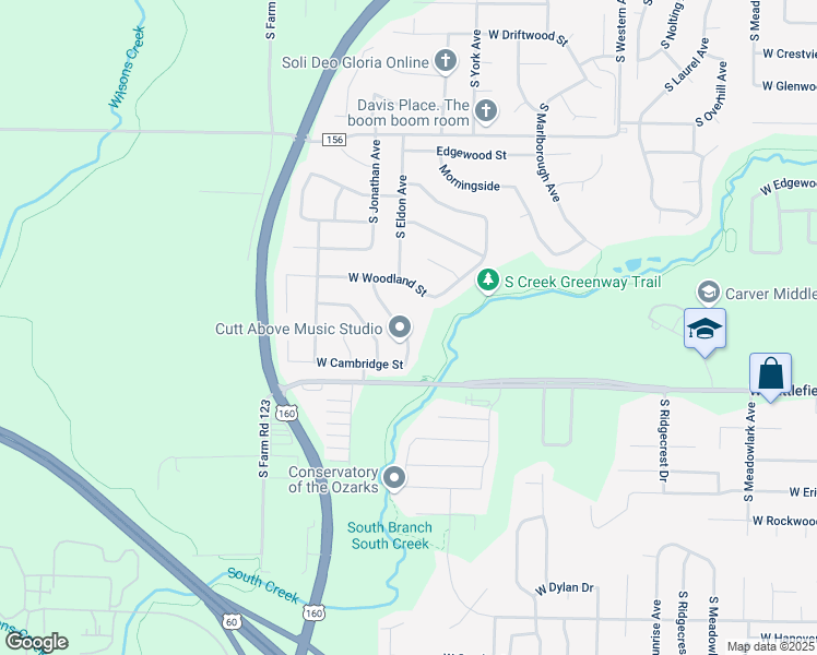map of restaurants, bars, coffee shops, grocery stores, and more near 2920 South Eldon Avenue in Springfield