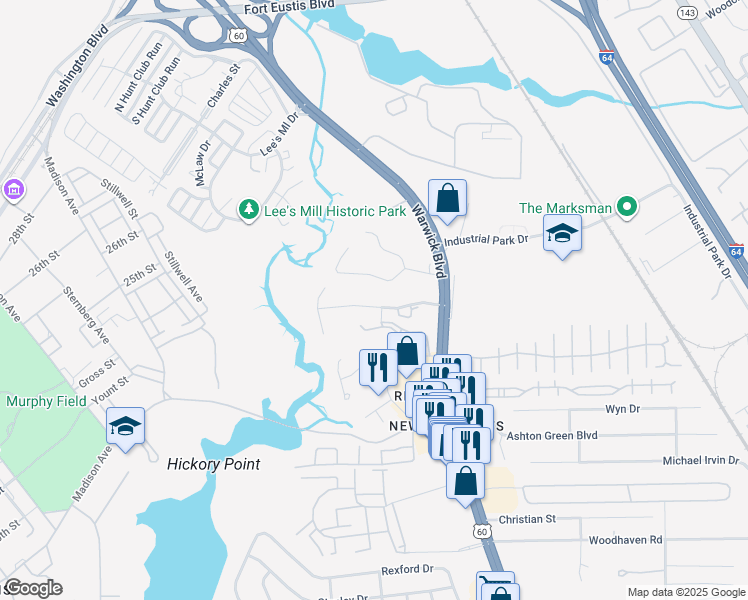 map of restaurants, bars, coffee shops, grocery stores, and more near 319 Judy Drive in Newport News