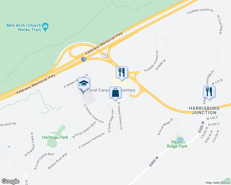 map of restaurants, bars, coffee shops, grocery stores, and more near 2335 North Canyon Greens Drive in Washington